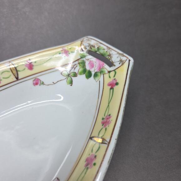 Nippon Hand Painted Celery Dish Pink Floral Porcelain 11in Chintz - Picture 6 of 16